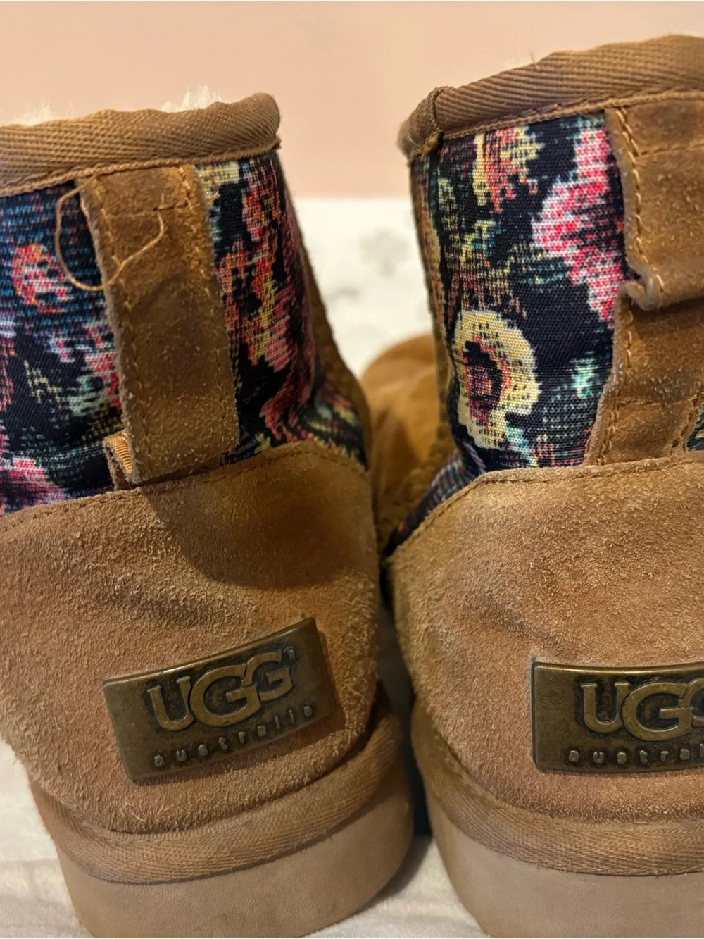 Cozy UGG Brown Suede Ankle Boots with Floral Cuff